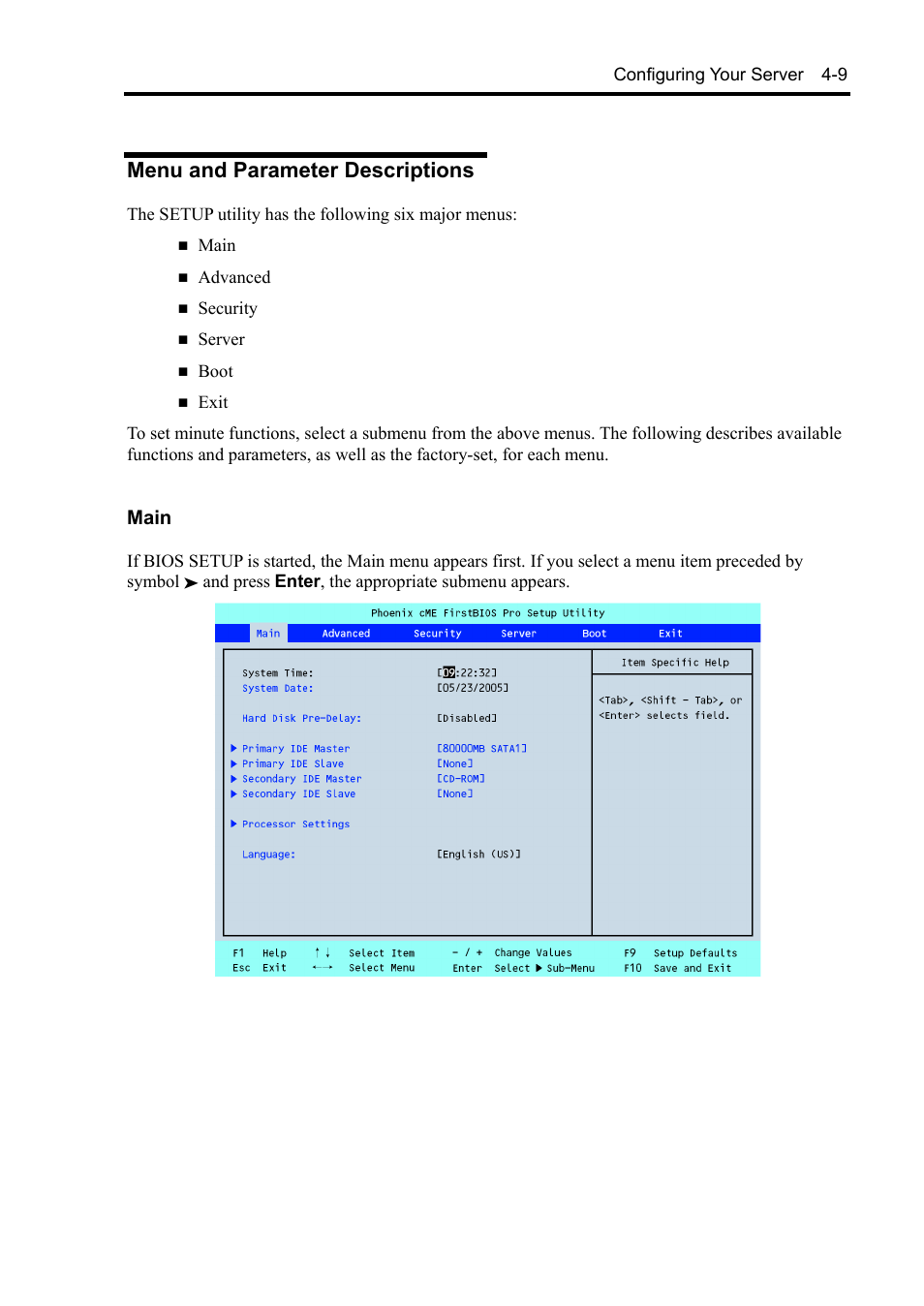 Menu and parameter descriptions, Main | NEC Express 5800/230Eh User Manual | Page 73 / 342