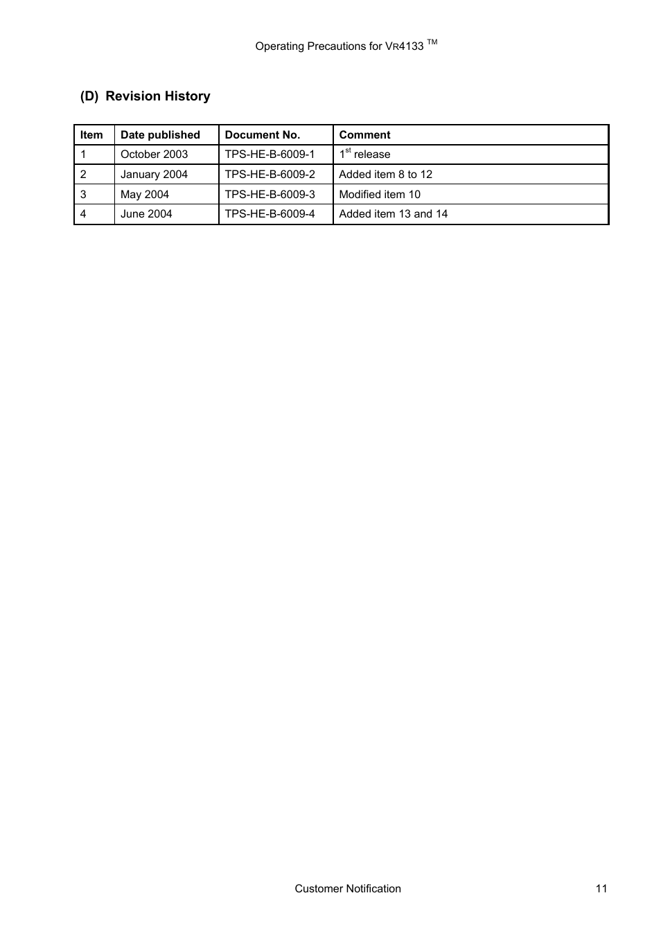 Revision history, D) revision, History | NEC VR4133 User Manual | Page 11 / 11