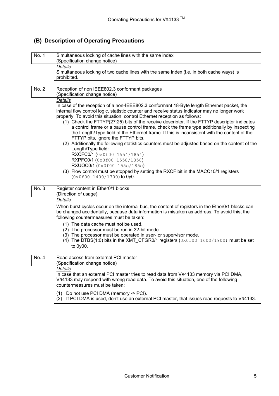 Description of operating precautions, B) description of operating precautions | NEC VR4133 User Manual | Page 5 / 11