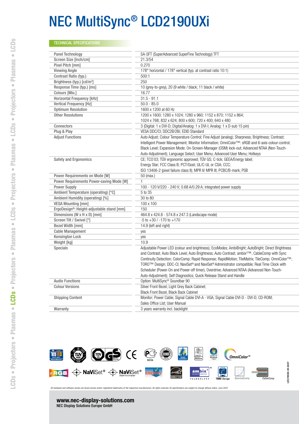 Nec multisync, Lcd2190uxi | NEC MultiSync 2190UXi User Manual | Page 2 / 2