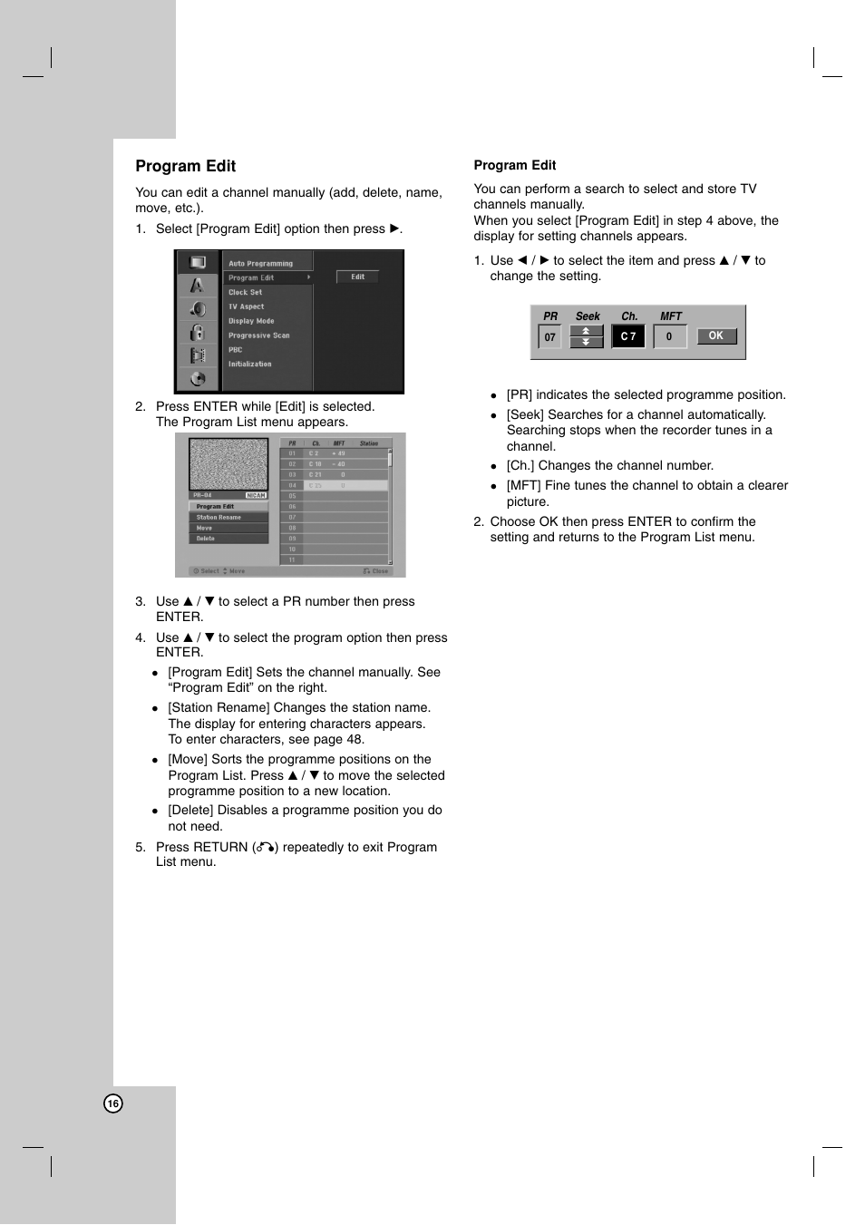 Program edit | NEC NDH-160 User Manual | Page 16 / 60