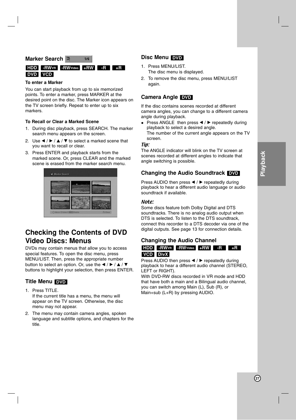 Checking the contents of dvd video discs: menus, Playback | NEC NDH-160 User Manual | Page 27 / 60