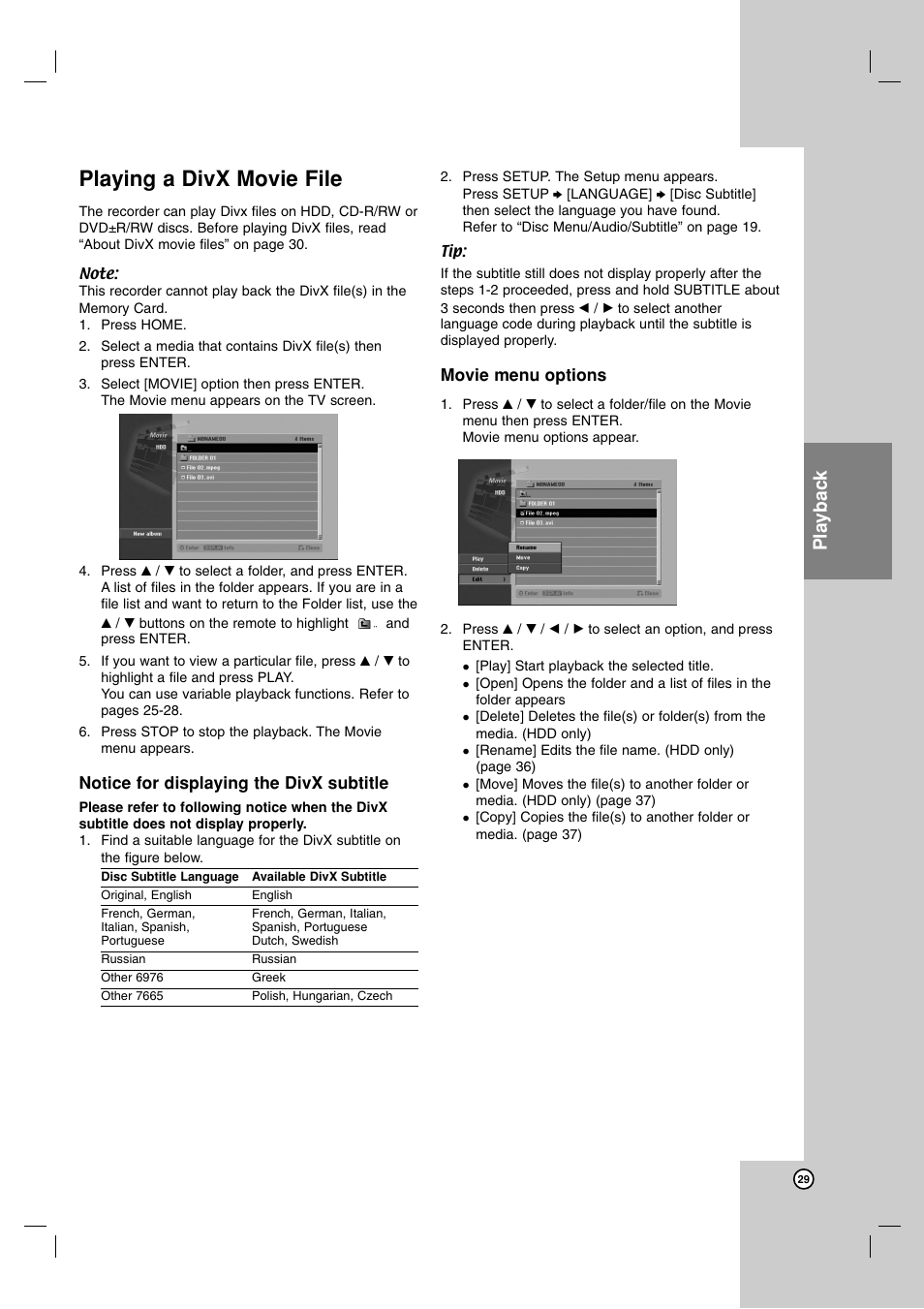 Playing a divx movie file, Playback | NEC NDH-160 User Manual | Page 29 / 60