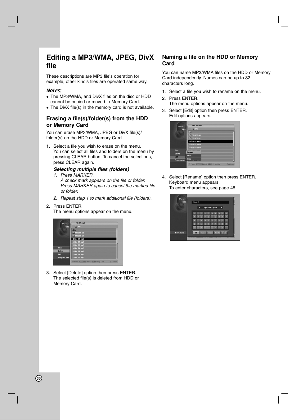 Editing a mp3/wma, jpeg, divx file | NEC NDH-160 User Manual | Page 36 / 60