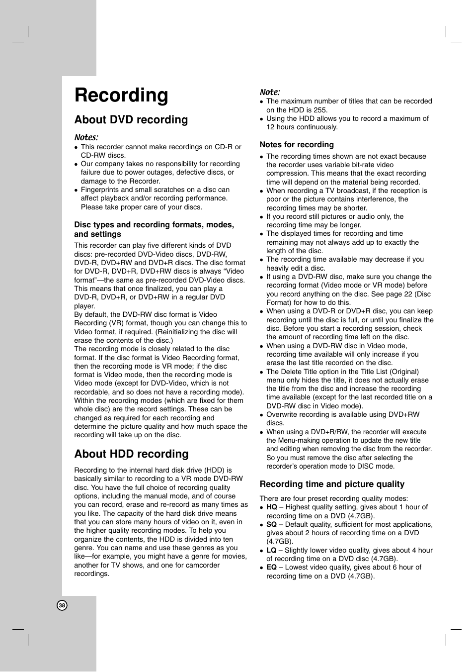 Recording, About dvd recording, About hdd recording | NEC NDH-160 User Manual | Page 38 / 60