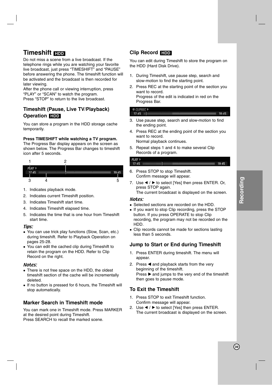 Timeshift, Recording | NEC NDH-160 User Manual | Page 39 / 60
