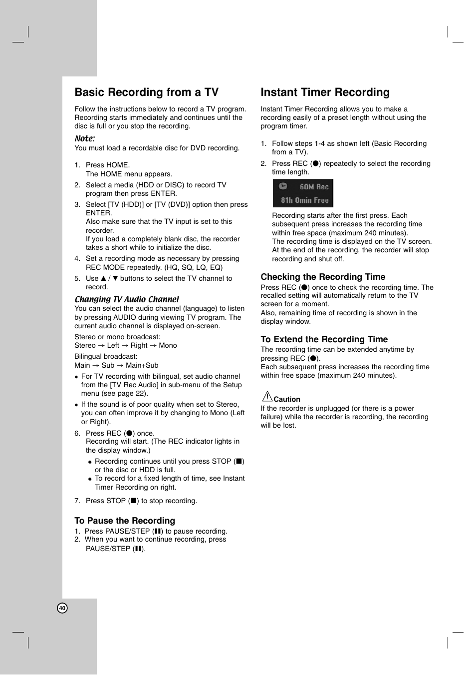 Basic recording from a tv, Instant timer recording | NEC NDH-160 User Manual | Page 40 / 60