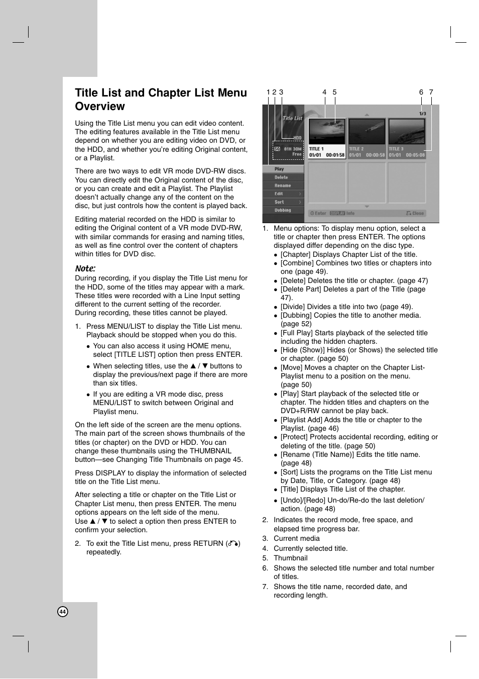 Title list and chapter list menu overview | NEC NDH-160 User Manual | Page 44 / 60