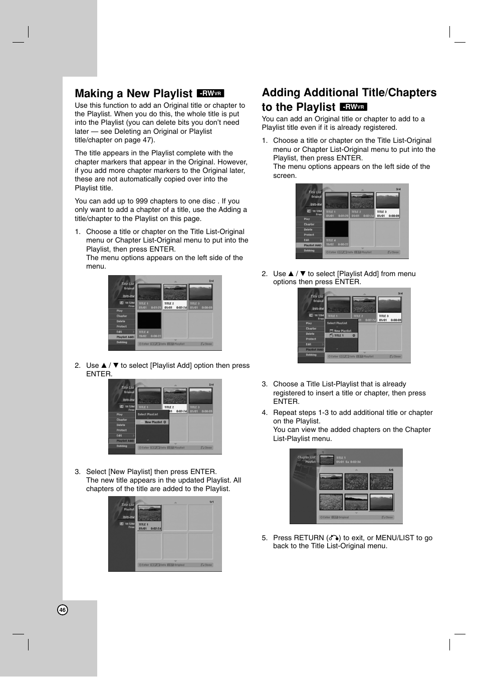 Making a new playlist, Adding additional title/chapters to the playlist | NEC NDH-160 User Manual | Page 46 / 60