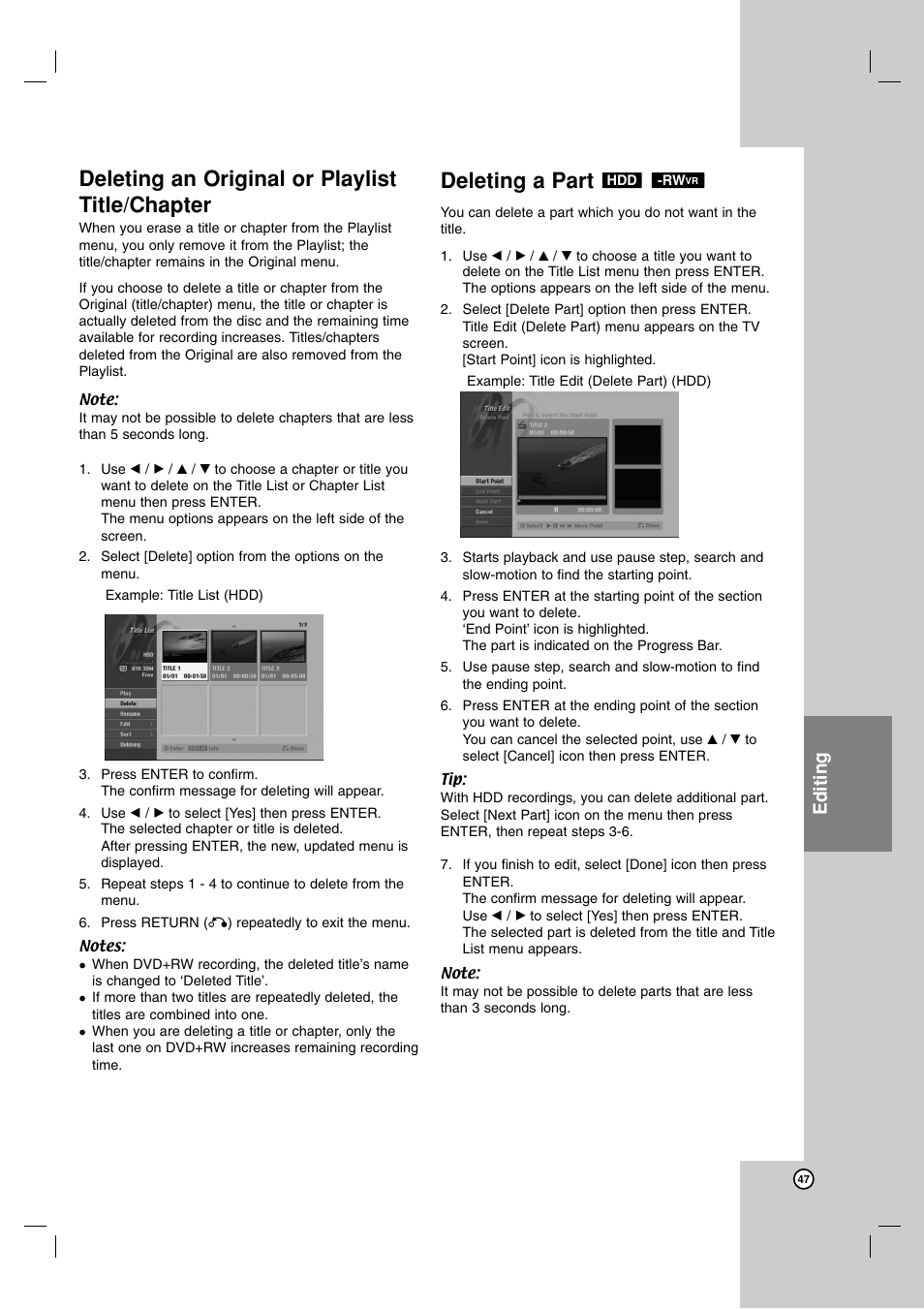 Deleting an original or playlist title/chapter, Deleting a part, Editing | NEC NDH-160 User Manual | Page 47 / 60