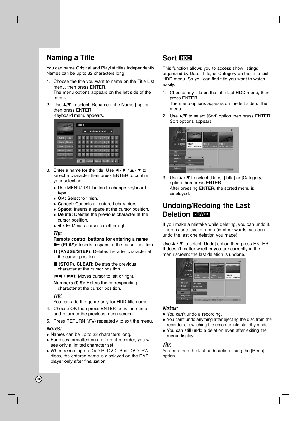 Naming a title, Sort, Undoing/redoing the last deletion | NEC NDH-160 User Manual | Page 48 / 60