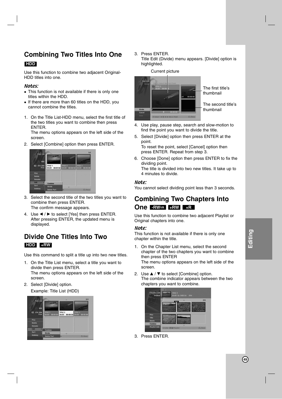 Combining two titles into one, Divide one titles into two, Combining two chapters into one | Editing | NEC NDH-160 User Manual | Page 49 / 60