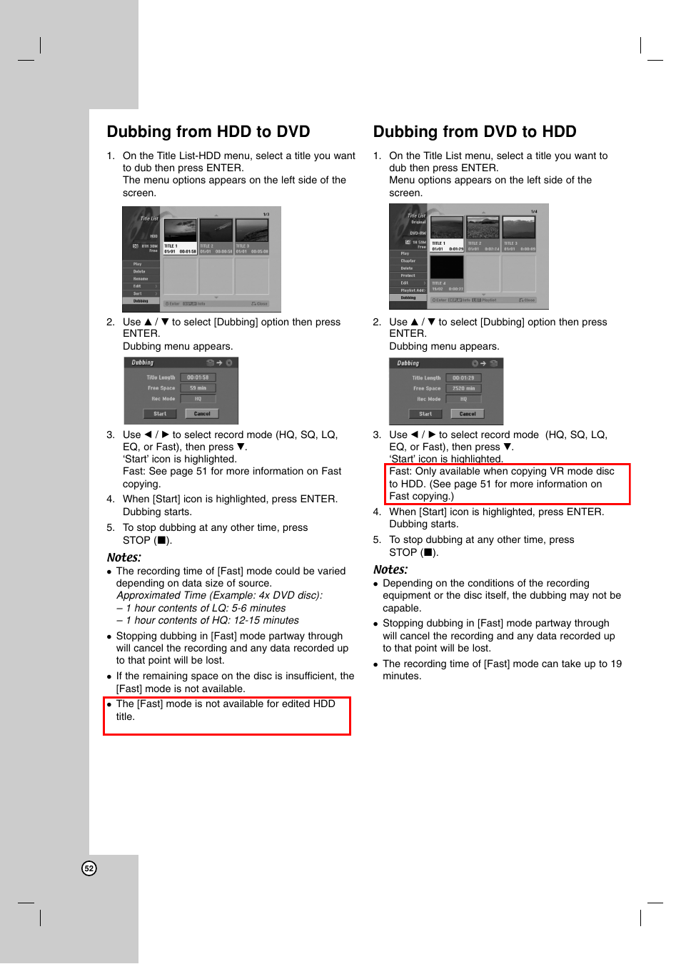 Dubbing from hdd to dvd, Dubbing from dvd to hdd | NEC NDH-160 User Manual | Page 52 / 60