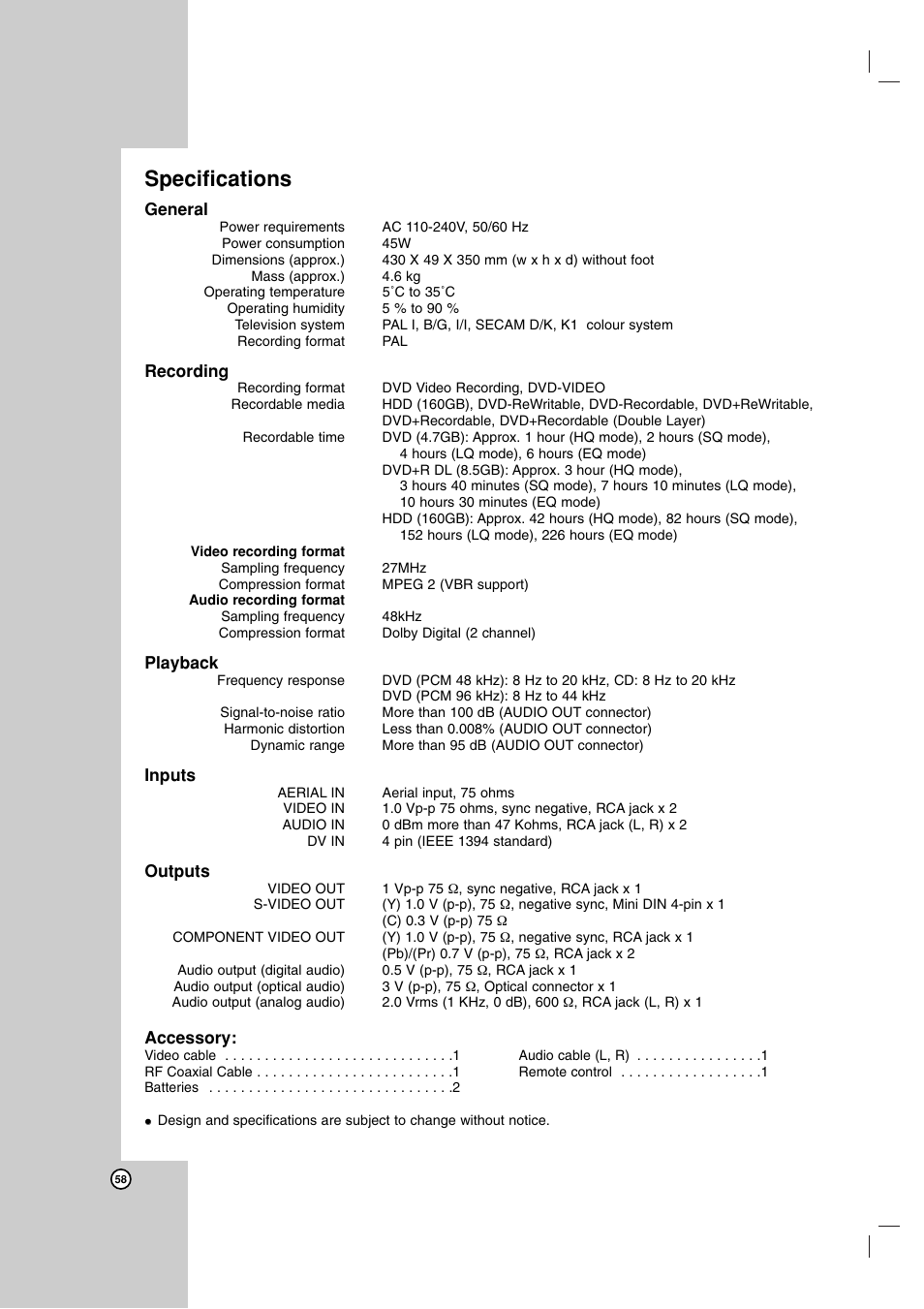 Specifications | NEC NDH-160 User Manual | Page 58 / 60