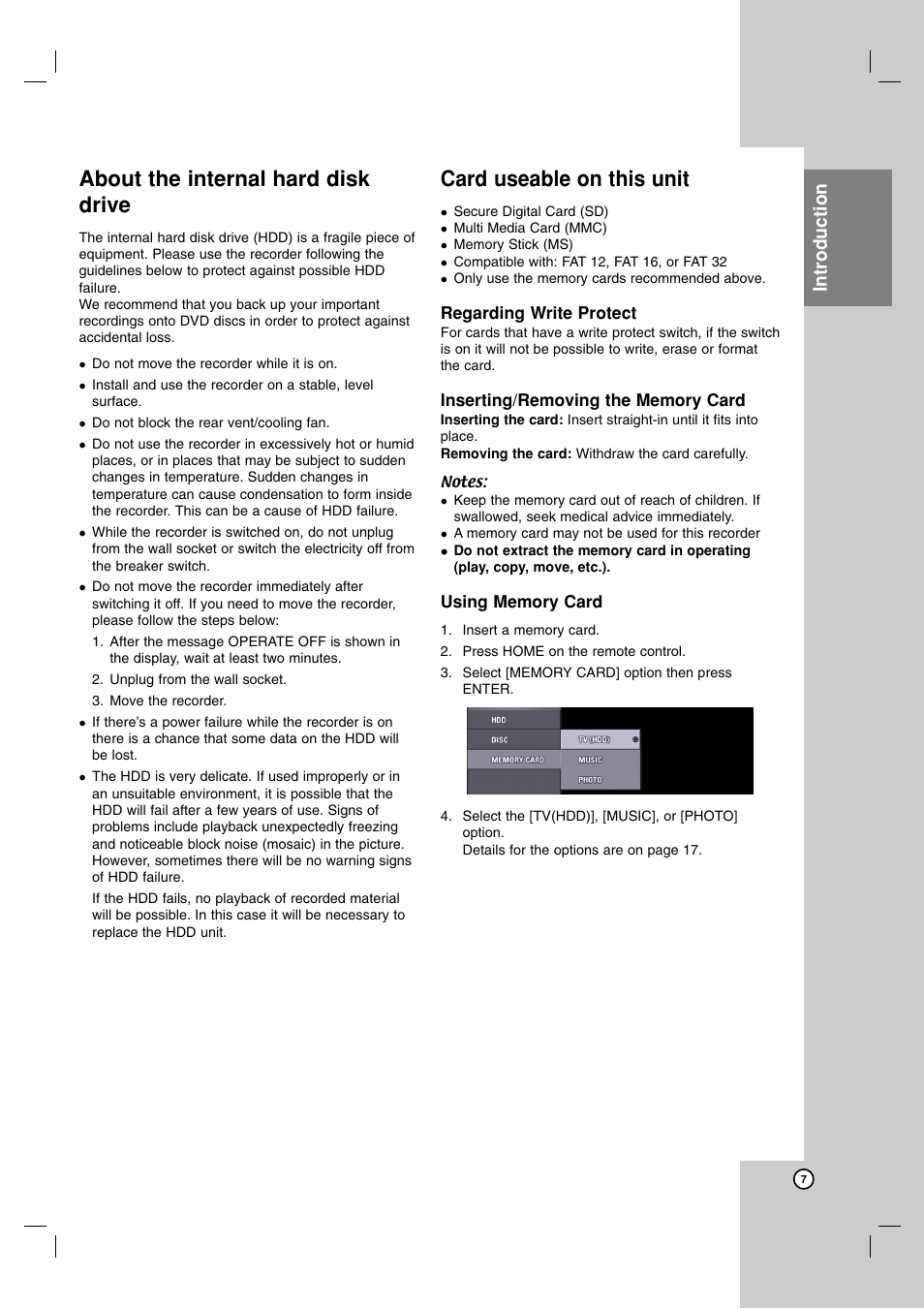 About the internal hard disk drive, Card useable on this unit, Introduction | NEC NDH-160 User Manual | Page 7 / 60