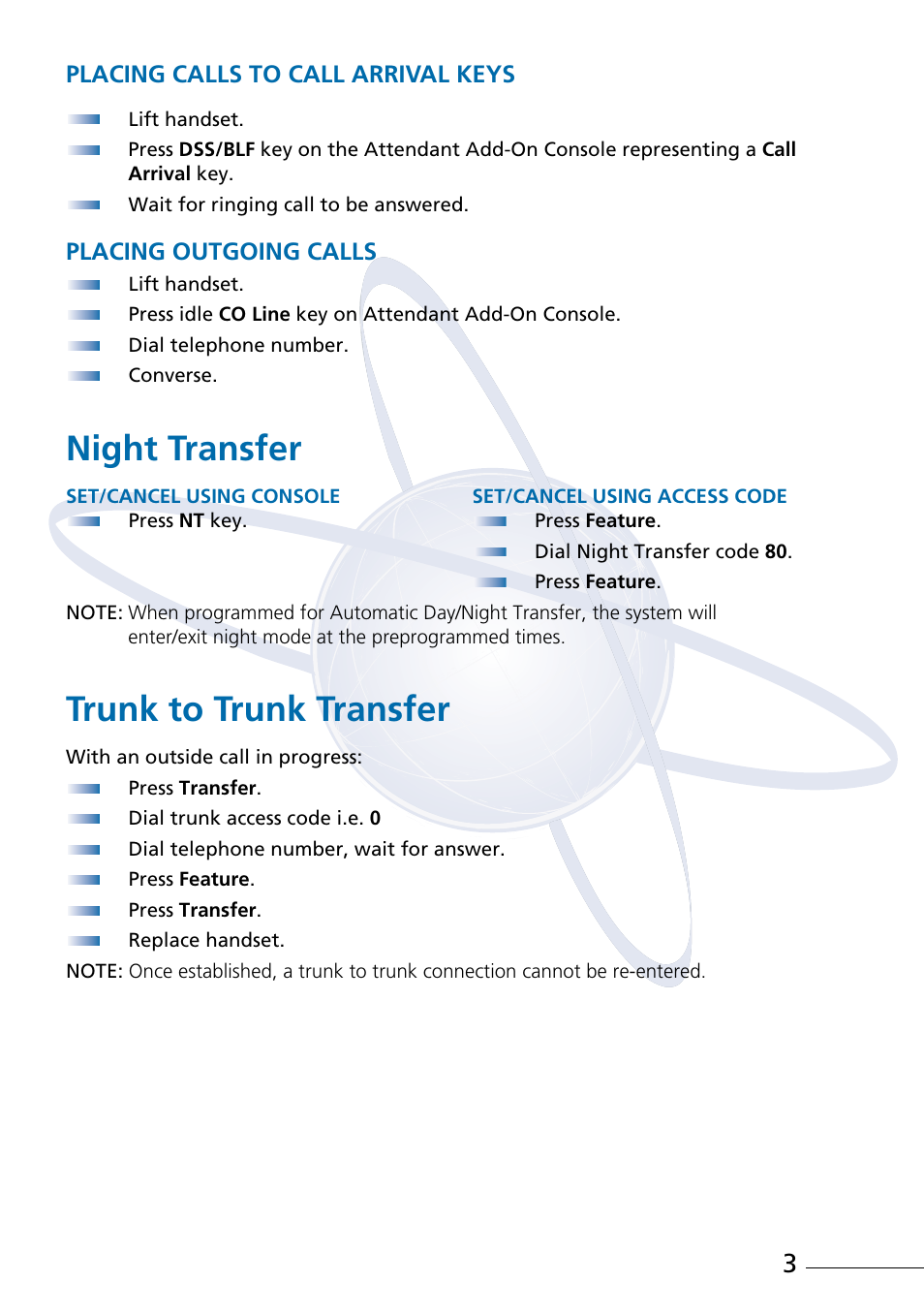Night transfer, Trunk to trunk transfer | NEC Attendant Xen IPK User Manual | Page 5 / 16