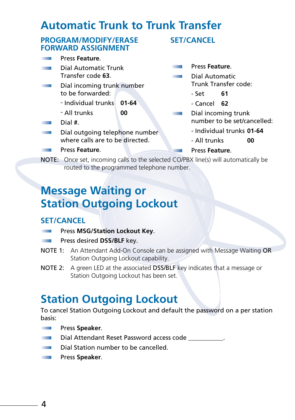 Automatic trunk to trunk transfer, Message waiting or station outgoing lockout, Station outgoing lockout | NEC Attendant Xen IPK User Manual | Page 6 / 16