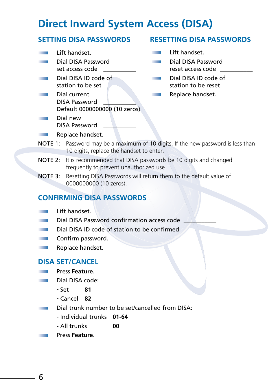 Direct inward system access (disa), Setting disa passwords resetting disa passwords, Confirming disa passwords | Disa set/cancel | NEC Attendant Xen IPK User Manual | Page 8 / 16