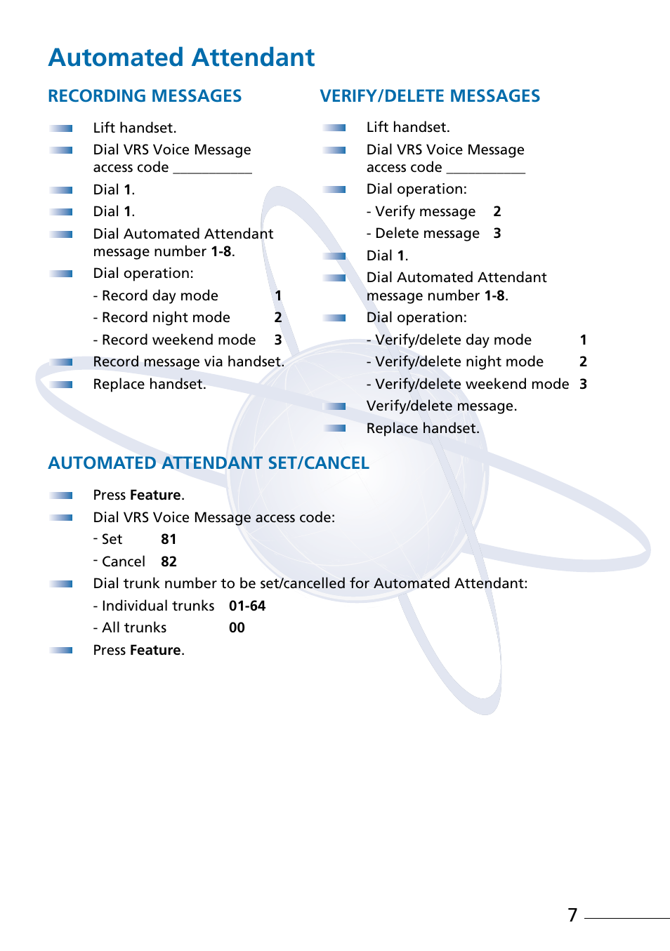 Automated attendant, Recording messages verify/delete messages, Automated attendant set/cancel | NEC Attendant Xen IPK User Manual | Page 9 / 16