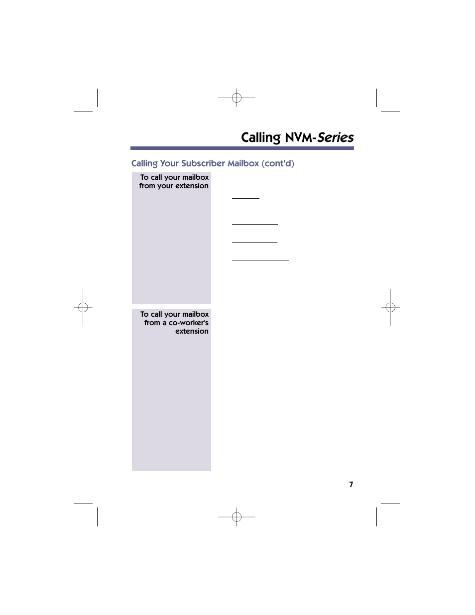 Calling nvm- series, Calling your subscriber mailbox (cont'd) | NEC 17600SUG05 User Manual | Page 11 / 82