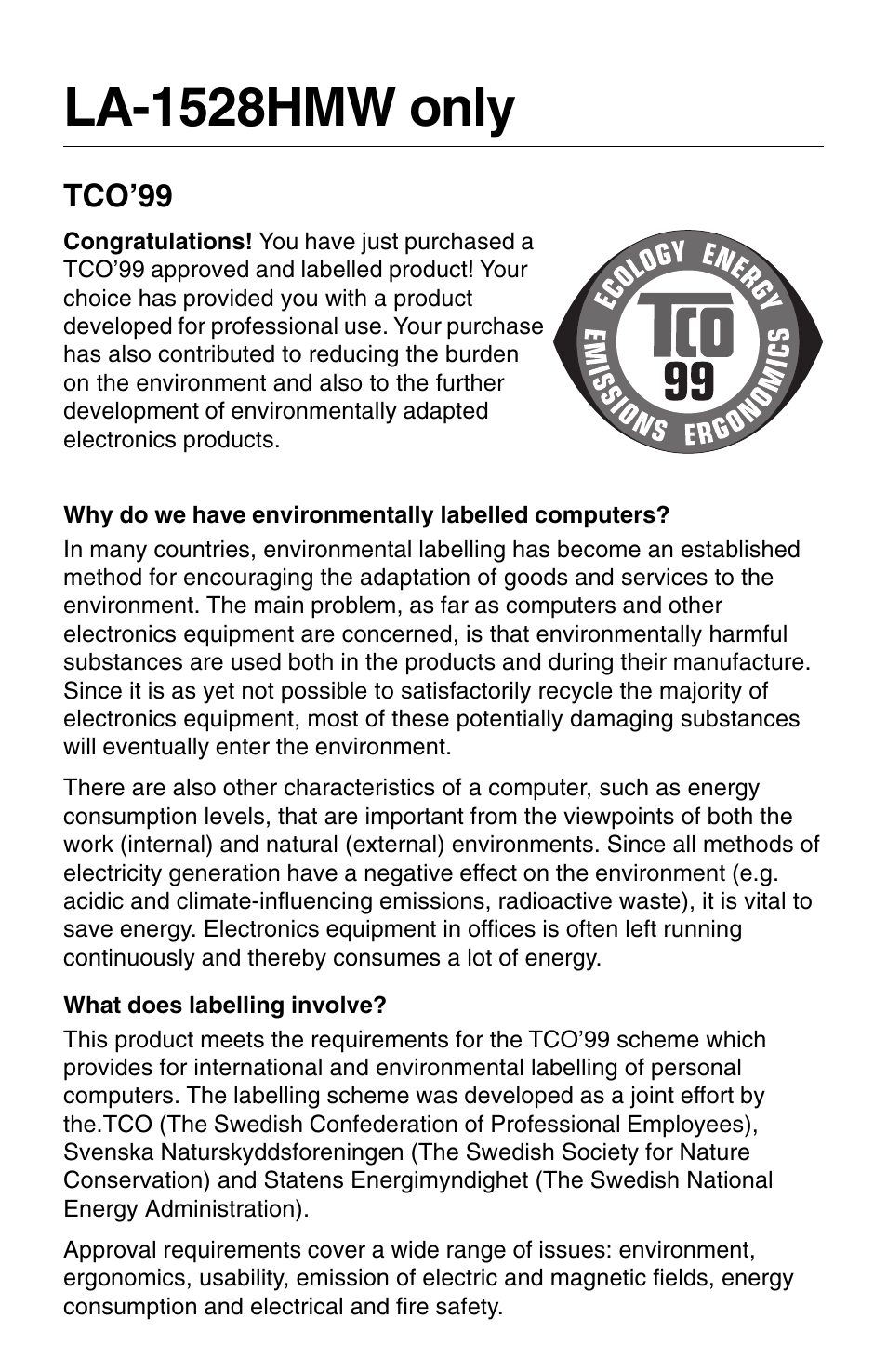 La-1528hmw only, Tco’99 | NEC 1525M User Manual | Page 10 / 33