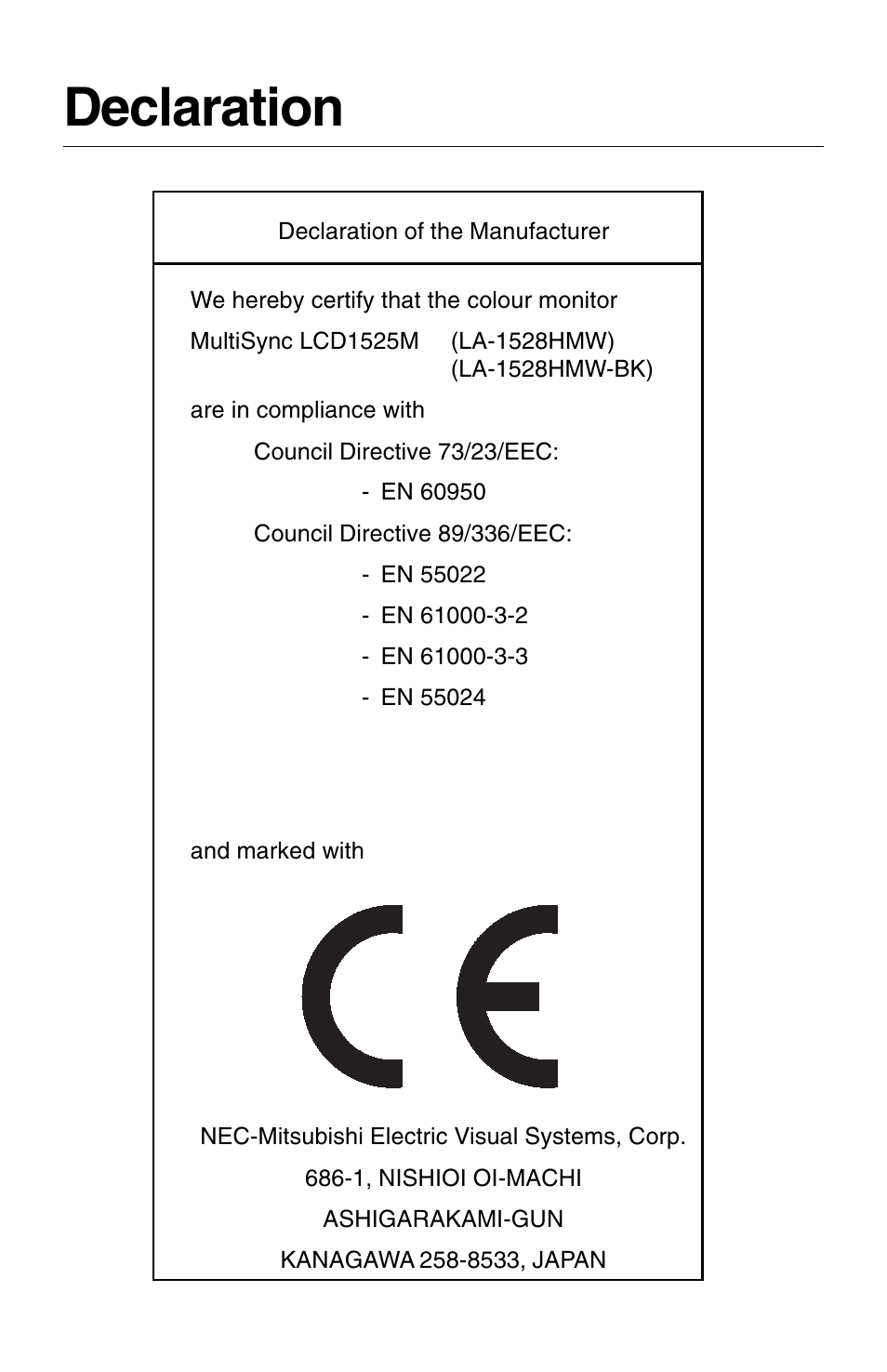 Declaration | NEC 1525M User Manual | Page 3 / 33