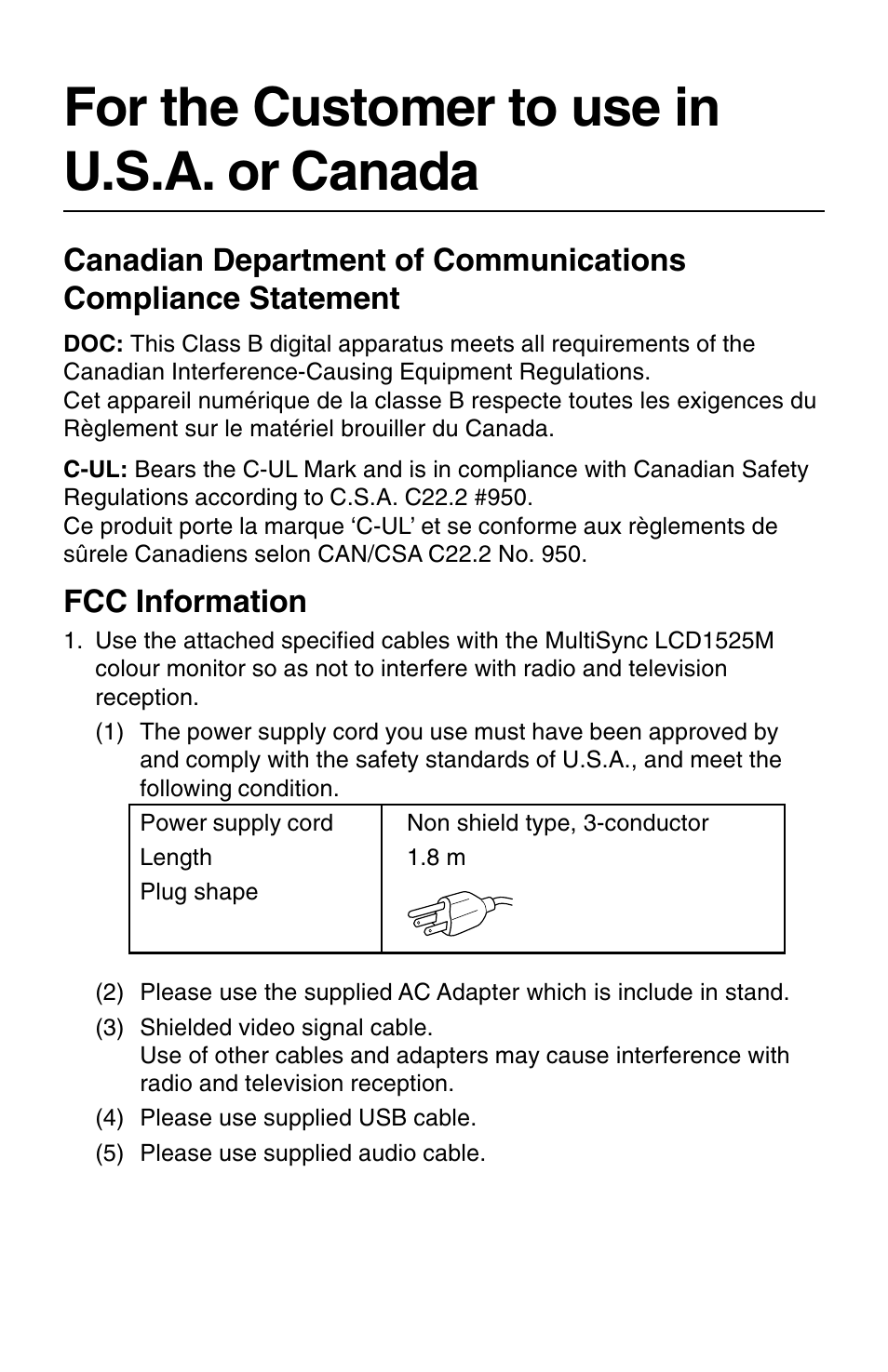 For the customer to use in u.s.a. or canada, Fcc information | NEC 1525M User Manual | Page 4 / 33