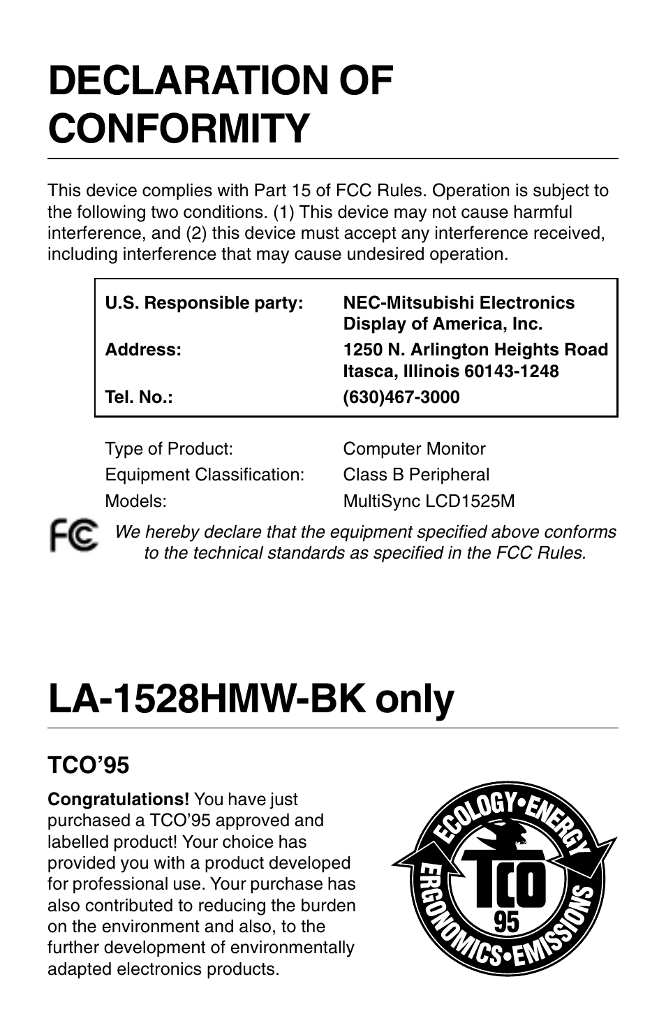 Declaration of conformity, La-1528hmw-bk only, Tco’95 | NEC 1525M User Manual | Page 6 / 33