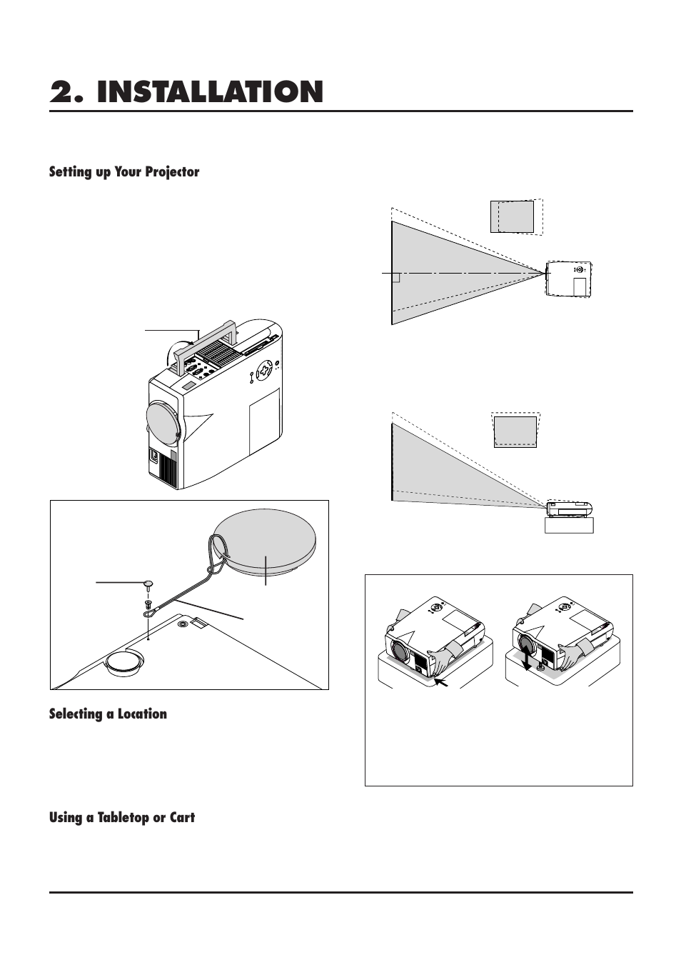 Installation, Setting up your projector, Using a tabletop or cart | Selecting a location | NEC MultiSync MT840 User Manual | Page 12 / 42