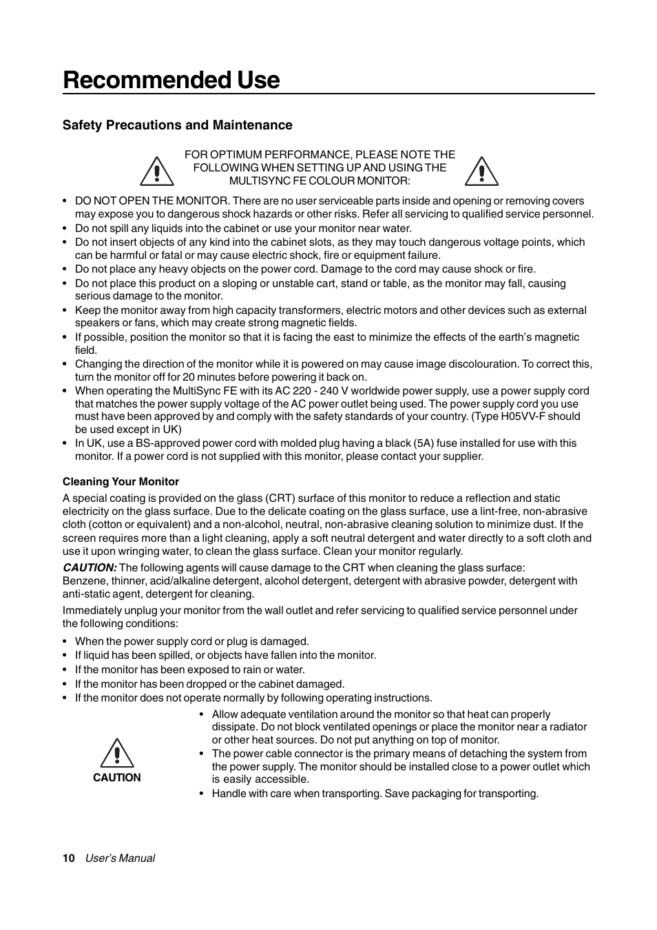 Recommended use | NEC FE770/FE771 User Manual | Page 10 / 18