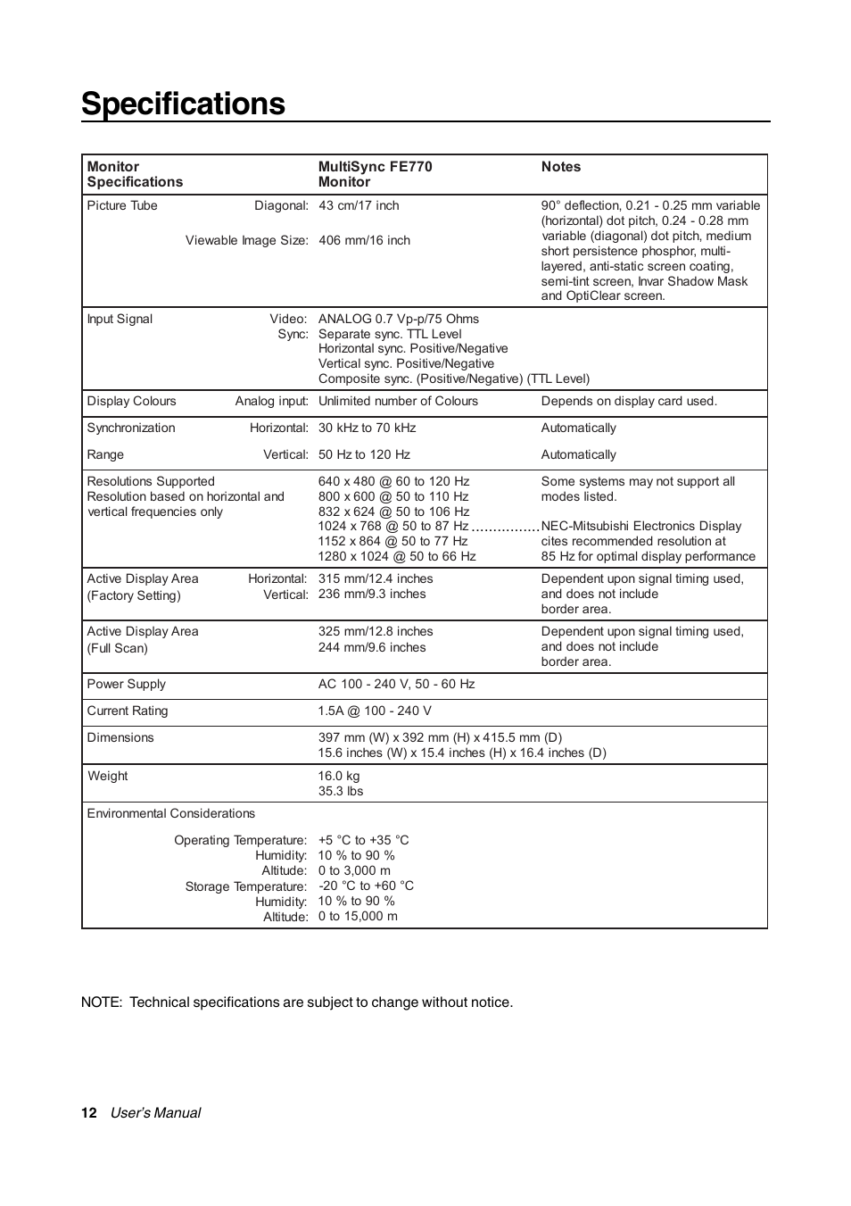 Specifications multisync fe770, Specifications | NEC FE770/FE771 User Manual | Page 12 / 18