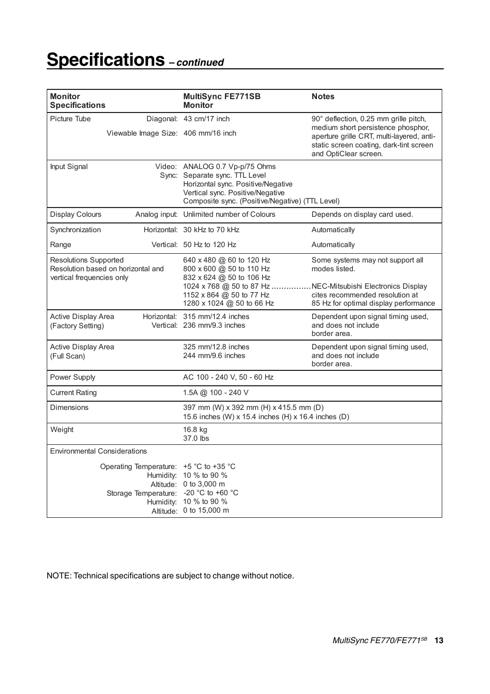 Specifications multisync fe771sb, Specifications, Continued | NEC FE770/FE771 User Manual | Page 13 / 18