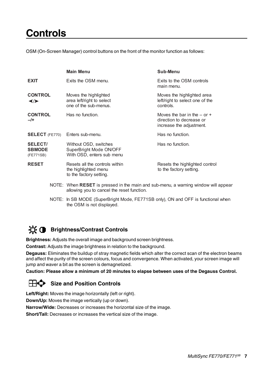 Controls, Brightness/contrast controls, Size and position controls | NEC FE770/FE771 User Manual | Page 7 / 18