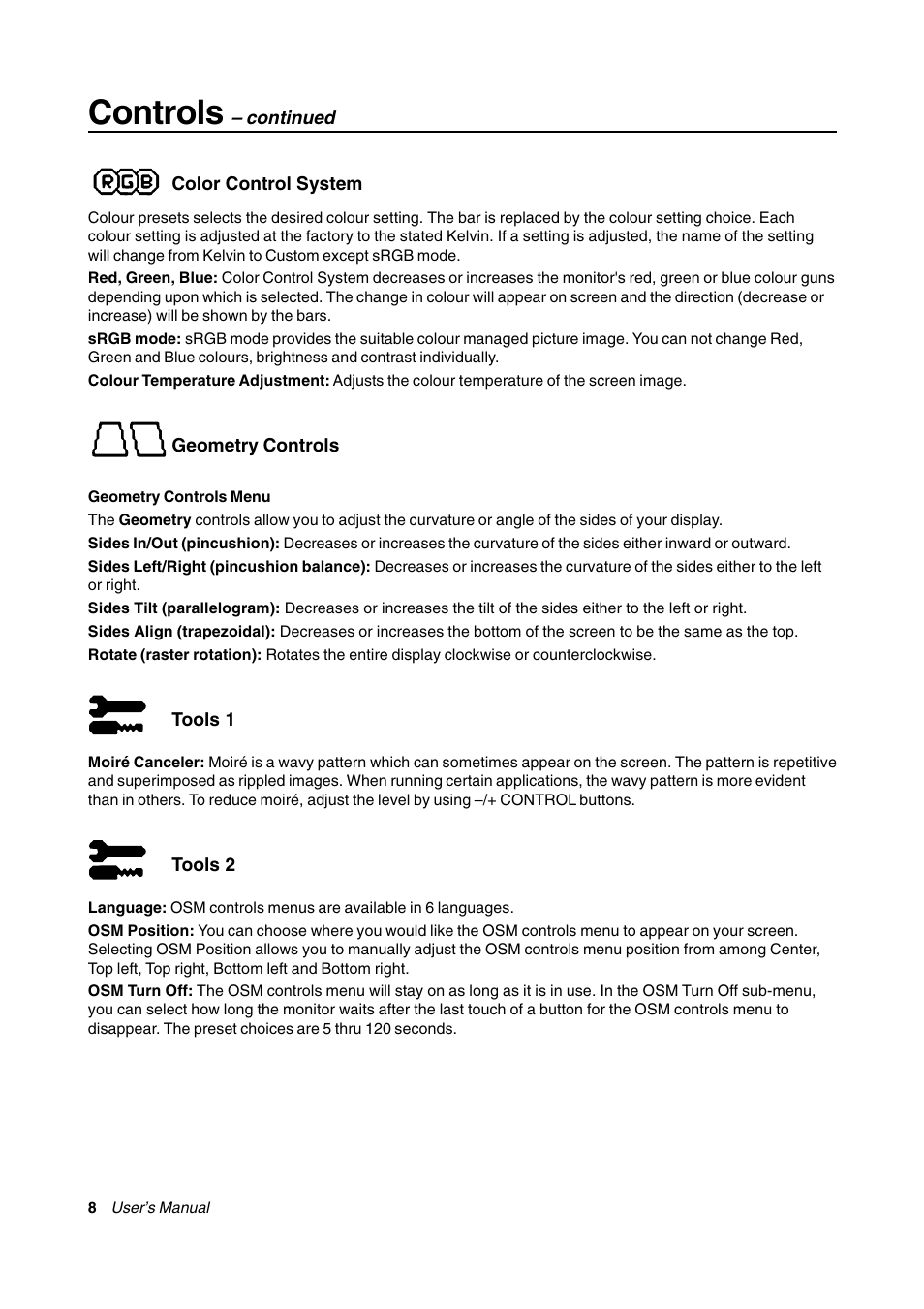 Color control system, Geometry controls, Tools 1 | Tools 2, Controls | NEC FE770/FE771 User Manual | Page 8 / 18