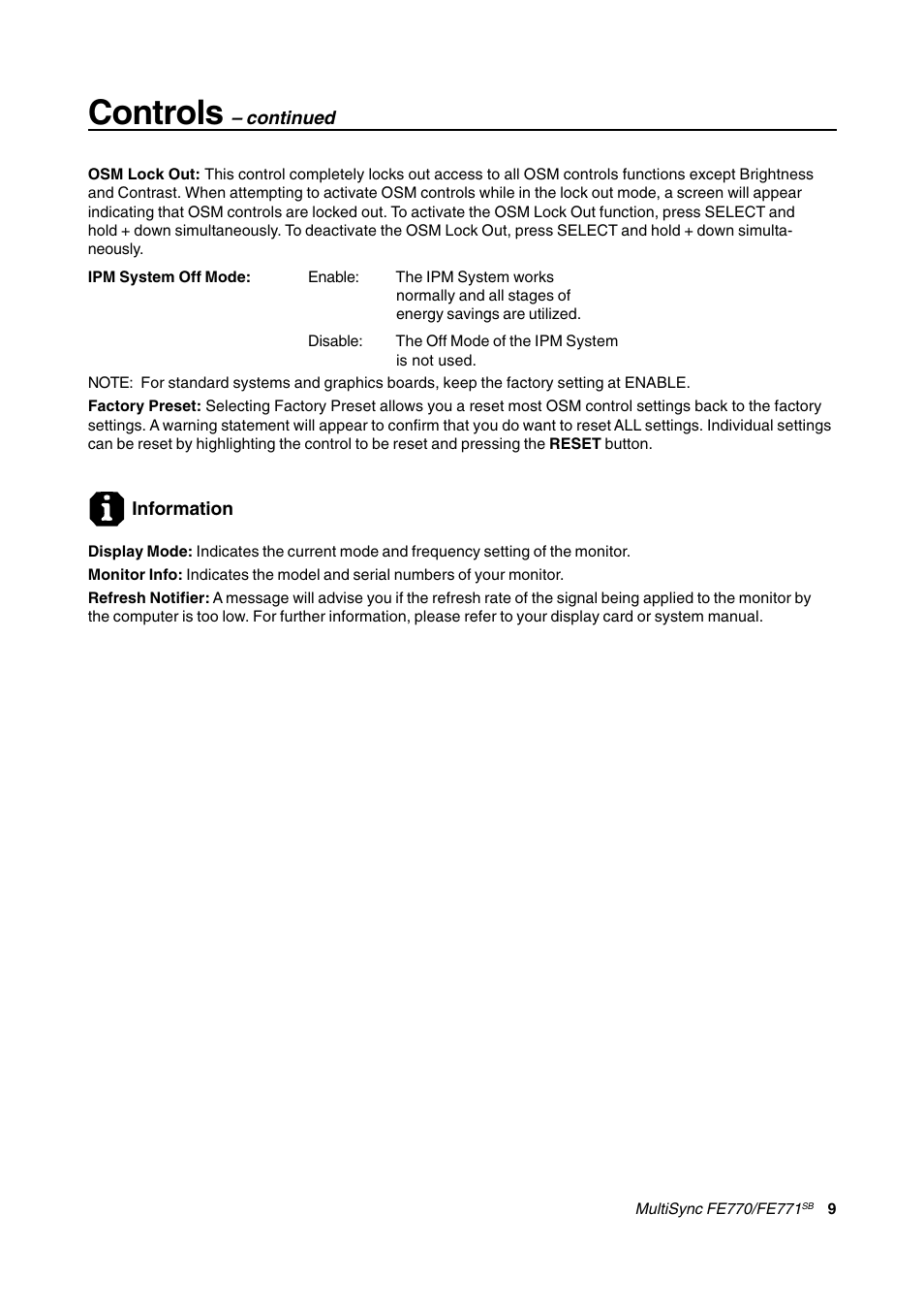 Information, Controls | NEC FE770/FE771 User Manual | Page 9 / 18