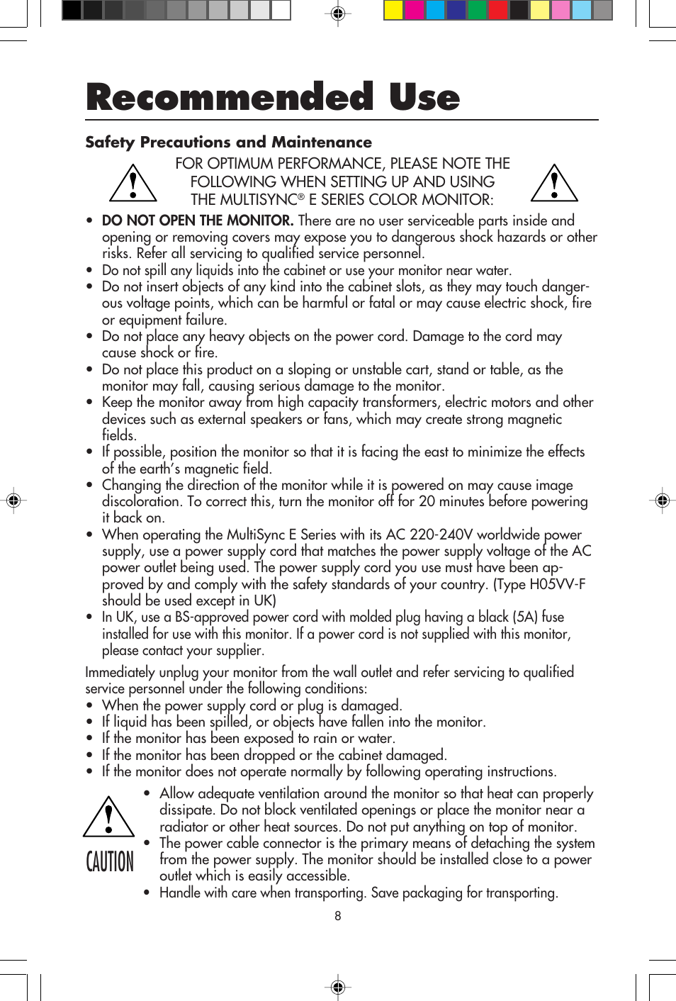 Recommended use, Caution | NEC E750 User Manual | Page 10 / 60