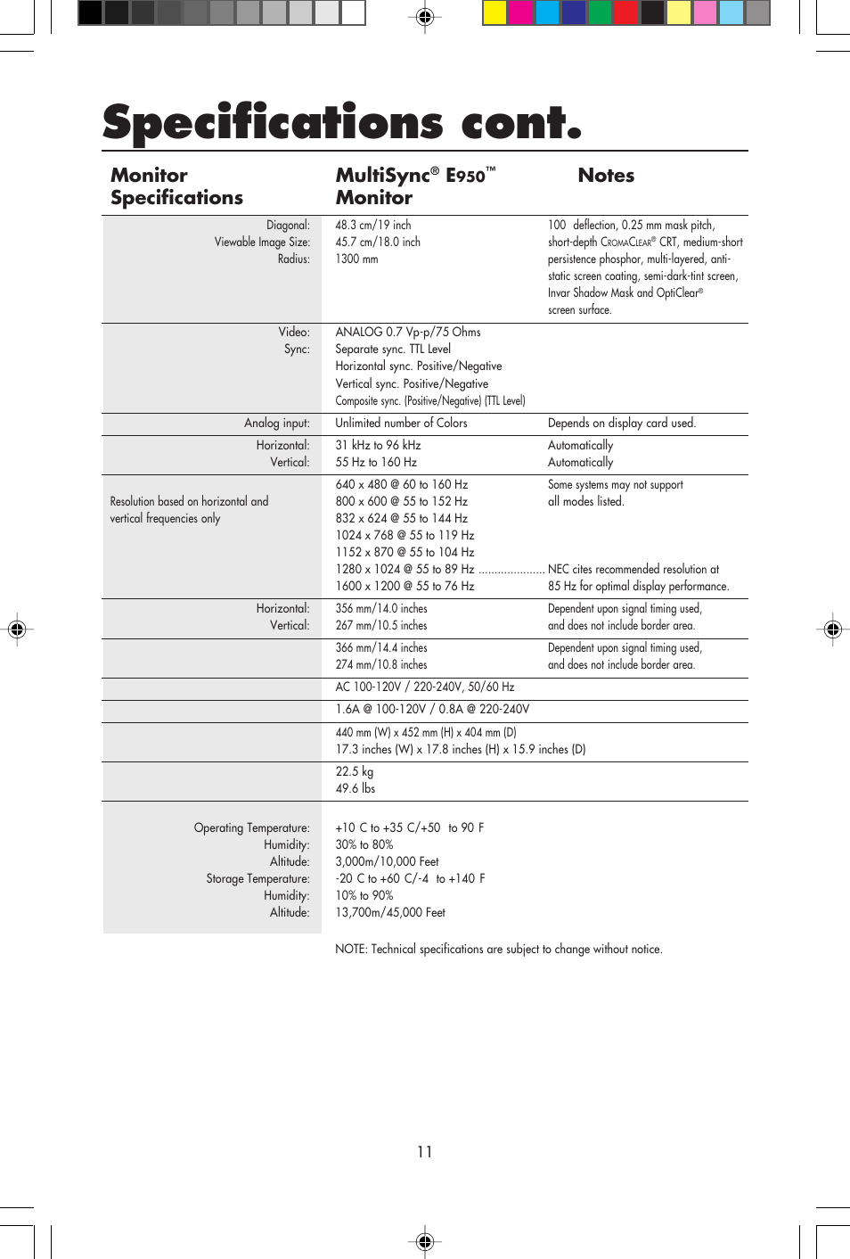 Specifications cont, Monitor multisync | NEC E750 User Manual | Page 13 / 60