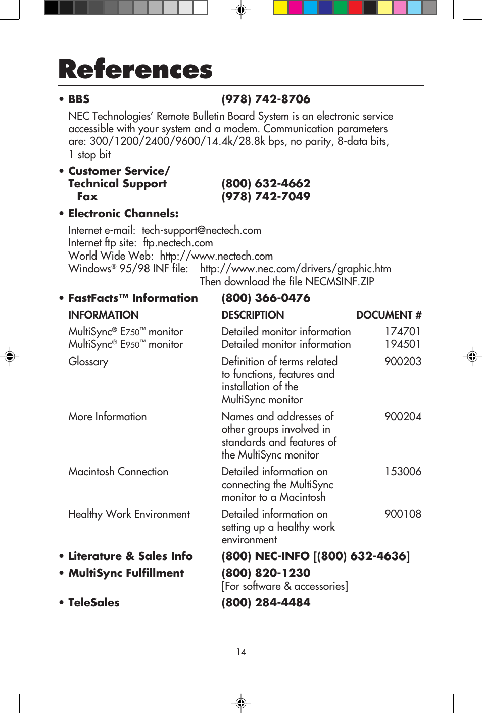 References | NEC E750 User Manual | Page 16 / 60