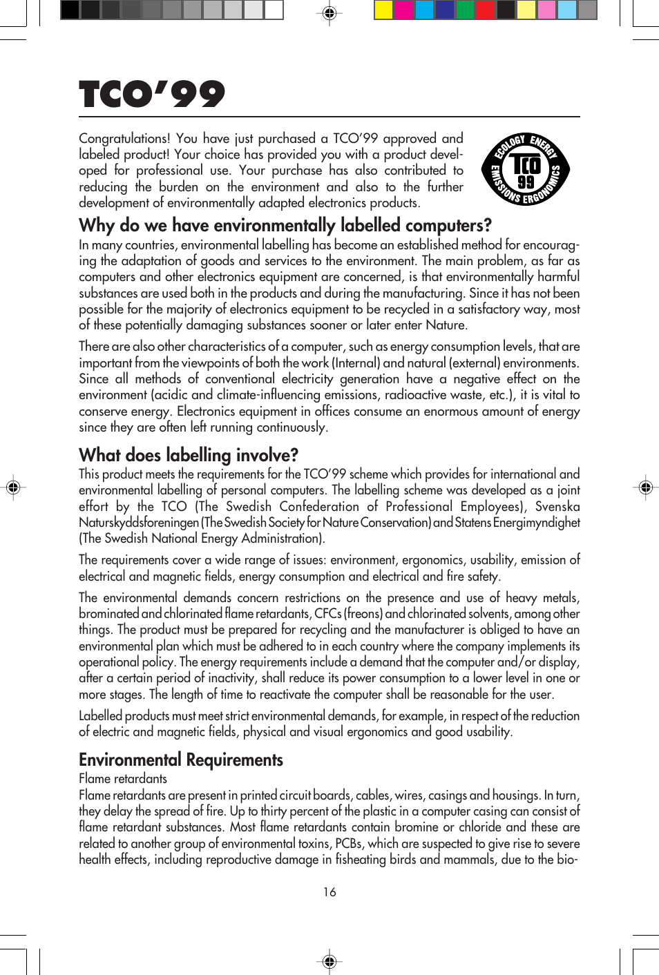 Tco’99, Why do we have environmentally labelled computers, What does labelling involve | Environmental requirements | NEC E750 User Manual | Page 18 / 60