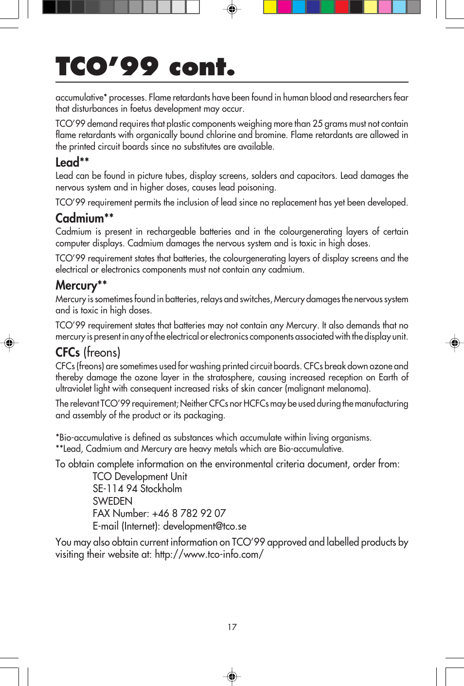 Tco’99 cont, Lead, Cadmium | Mercury, Cfcs (freons) | NEC E750 User Manual | Page 19 / 60