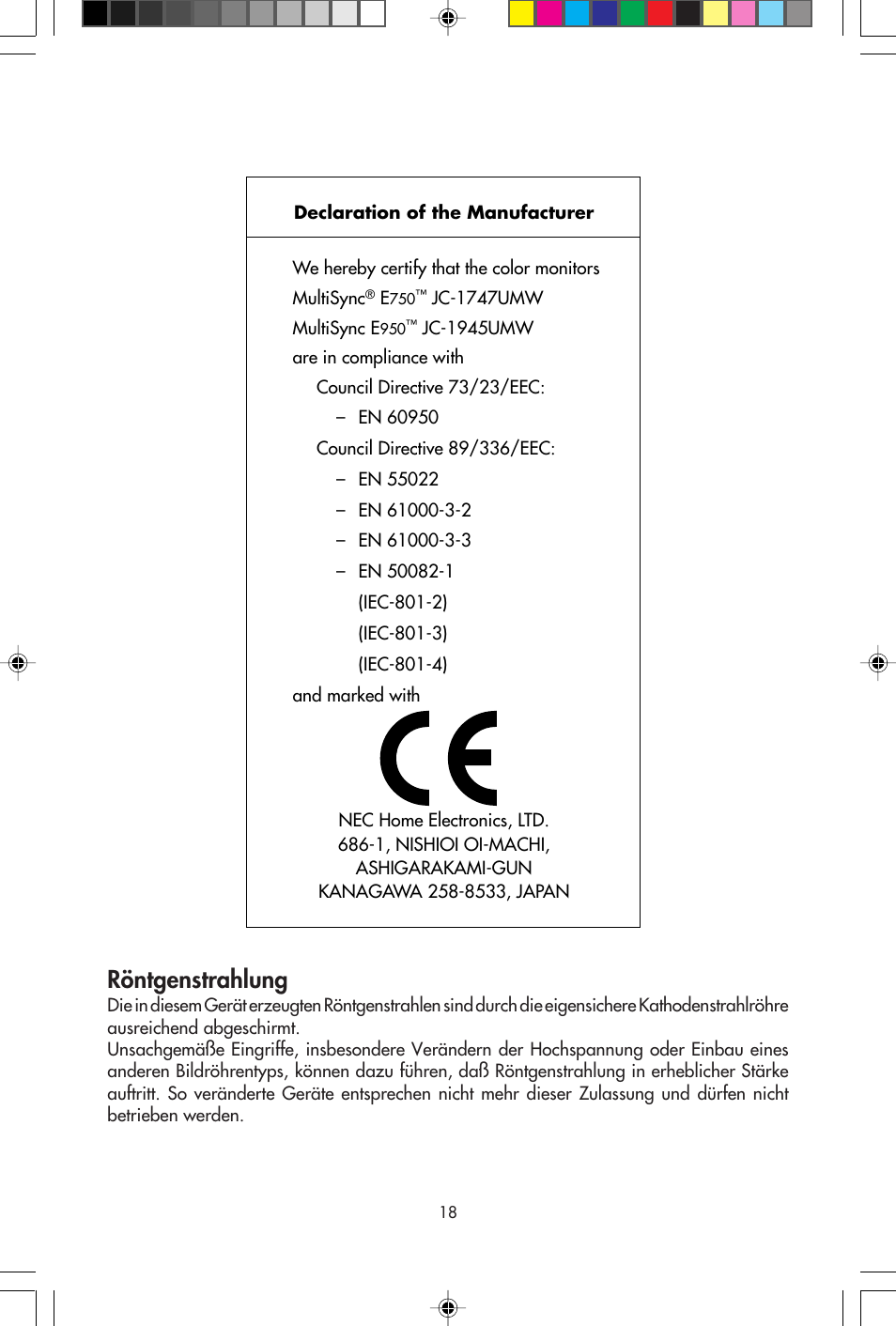 Röntgenstrahlung | NEC E750 User Manual | Page 20 / 60