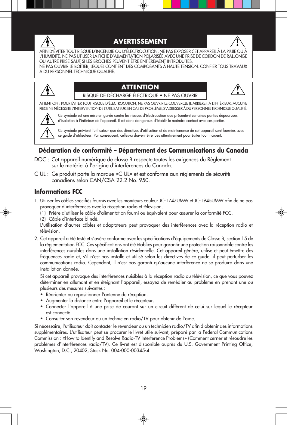 Avertissement attention, Informations fcc | NEC E750 User Manual | Page 21 / 60