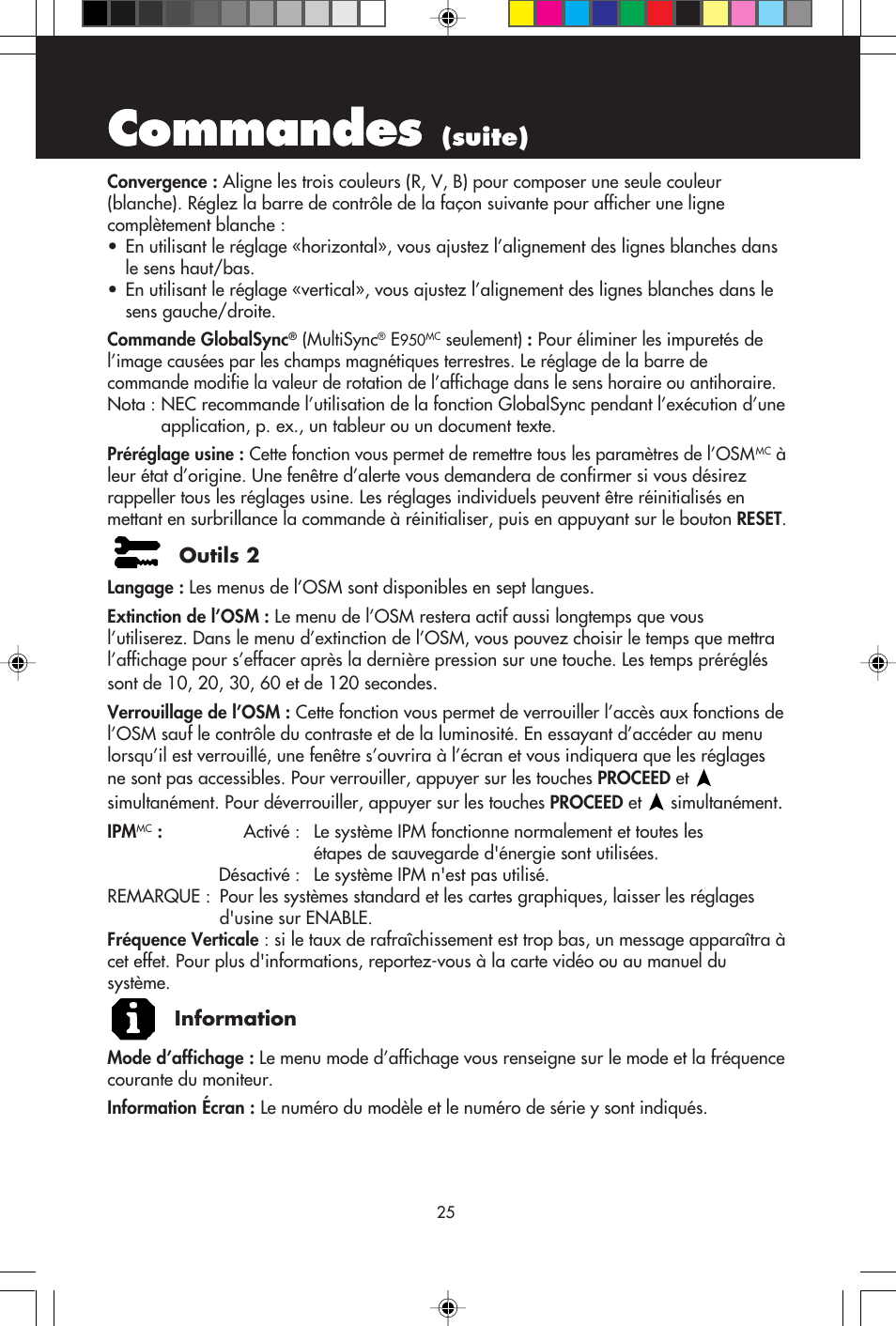 Commandes, Suite) | NEC E750 User Manual | Page 27 / 60
