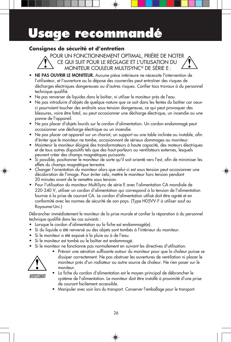 Usage recommandé | NEC E750 User Manual | Page 28 / 60