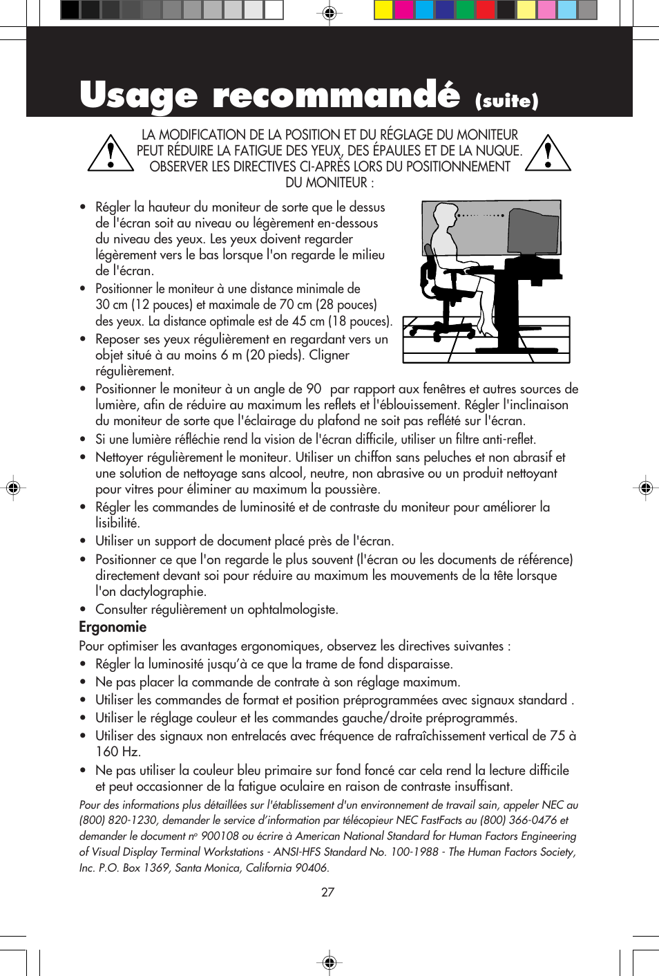 Usage recommandé, Suite) | NEC E750 User Manual | Page 29 / 60