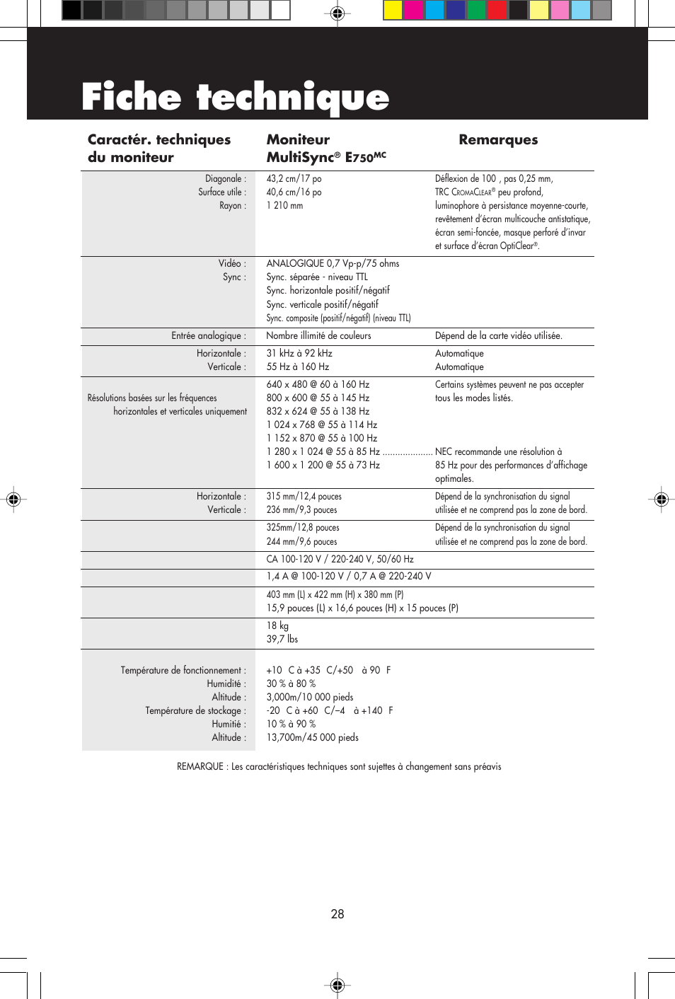 Fiche technique | NEC E750 User Manual | Page 30 / 60