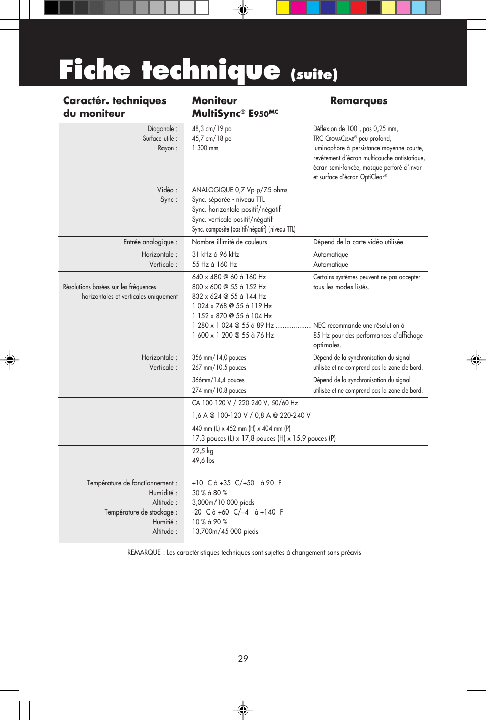 Fiche technique, Suite) | NEC E750 User Manual | Page 31 / 60