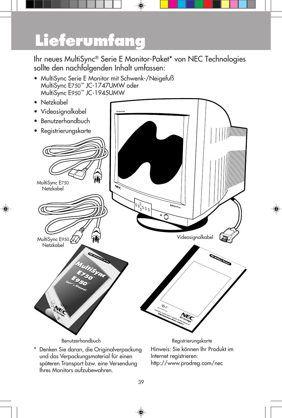 Lieferumfang, Ihr neues multisync, Multisync | Jc-1747umw oder multisync e, Product registra tion | NEC E750 User Manual | Page 41 / 60