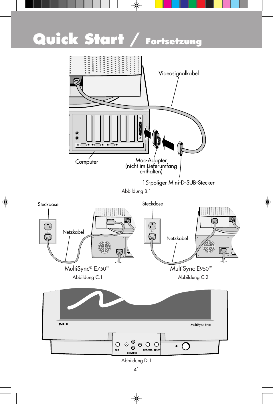 Quick start, Fortsetzung, Multisync | Multisync e | NEC E750 User Manual | Page 43 / 60