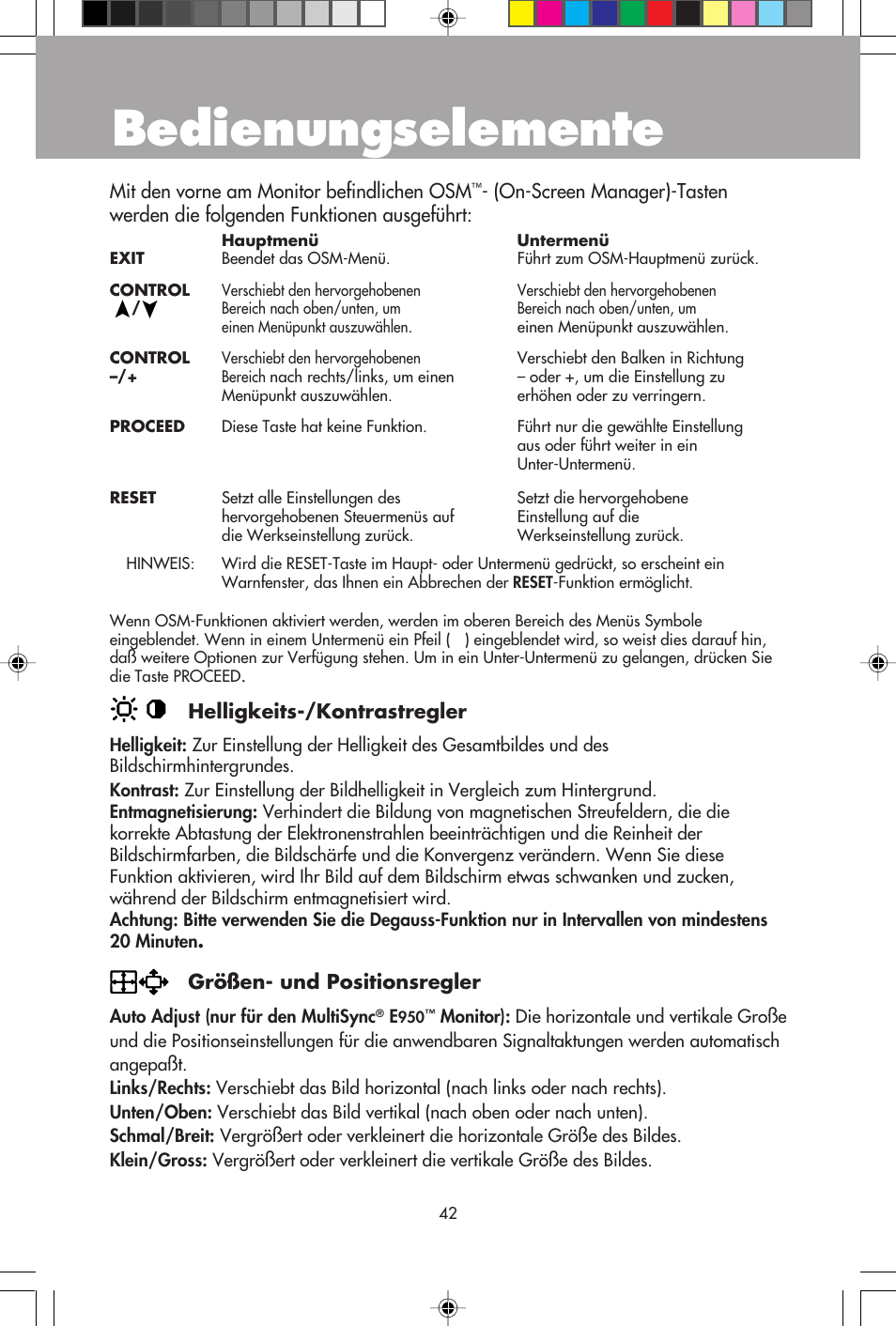 Bedienungselemente, Mit den vorne am monitor befindlichen osm, Helligkeits-/kontrastregler | Größen- und positionsregler | NEC E750 User Manual | Page 44 / 60